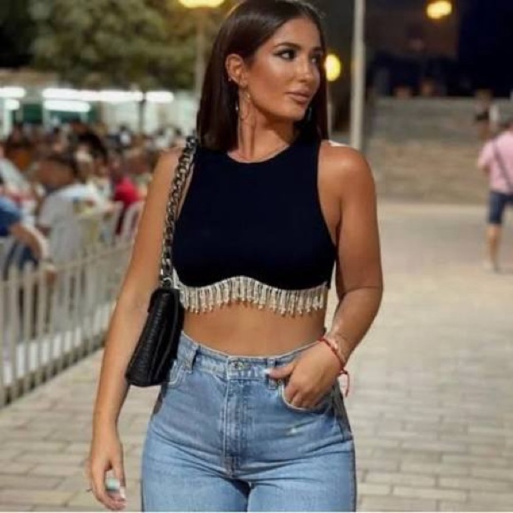 Zara Ribbed Seamless Rhinestone Fringe Tassel Tank Crop Top
